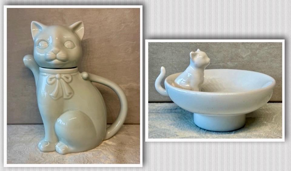 Vintage Kat Theepot met schaaltje ., Ophalen of Verzenden, Zo goed als nieuw