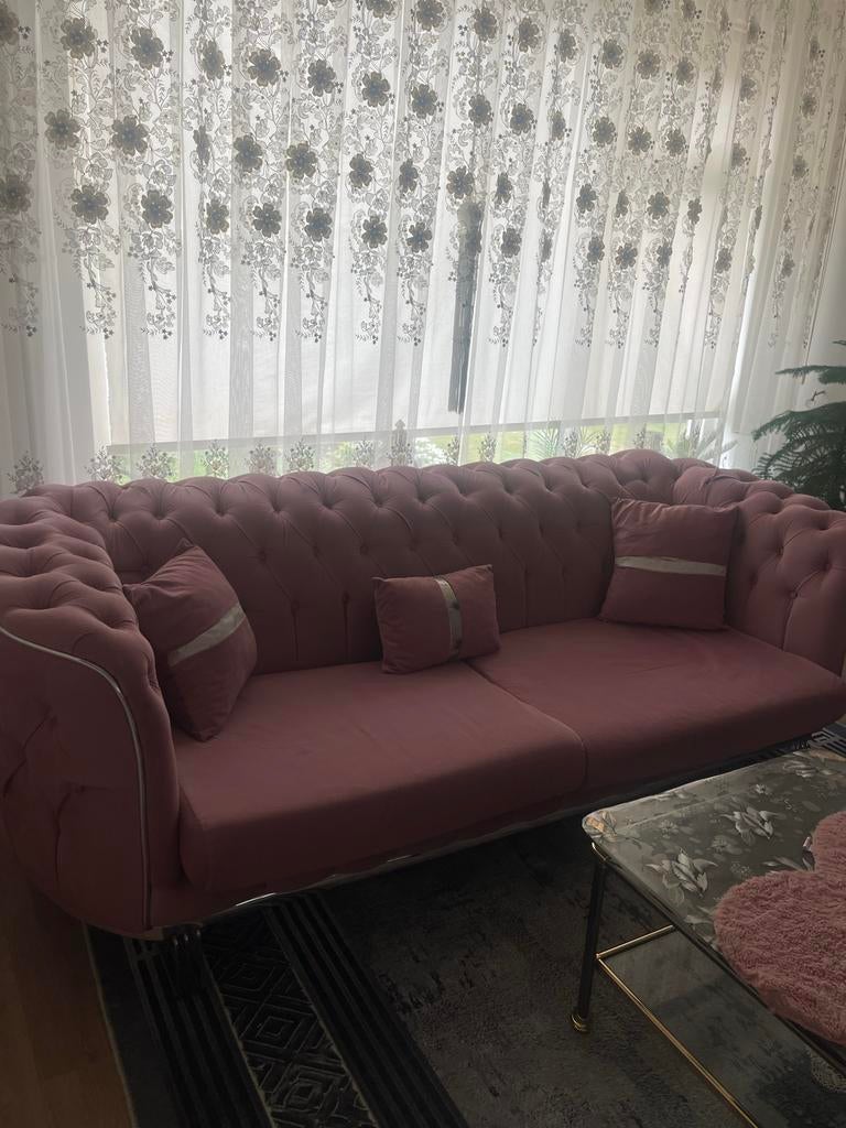 Luxe Roze en Grijze Hoekbank met Kussens en eettafel, Huis en Inrichting, Hoekbank, 300 cm of meer, Zo goed als nieuw, Stof