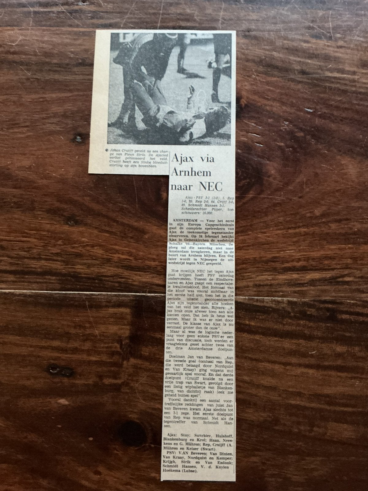 Voetbal krantenartikel Ajax PSV februari 1973 Cruijff, Verzamelen, Ophalen of Verzenden, Knipsel(s)