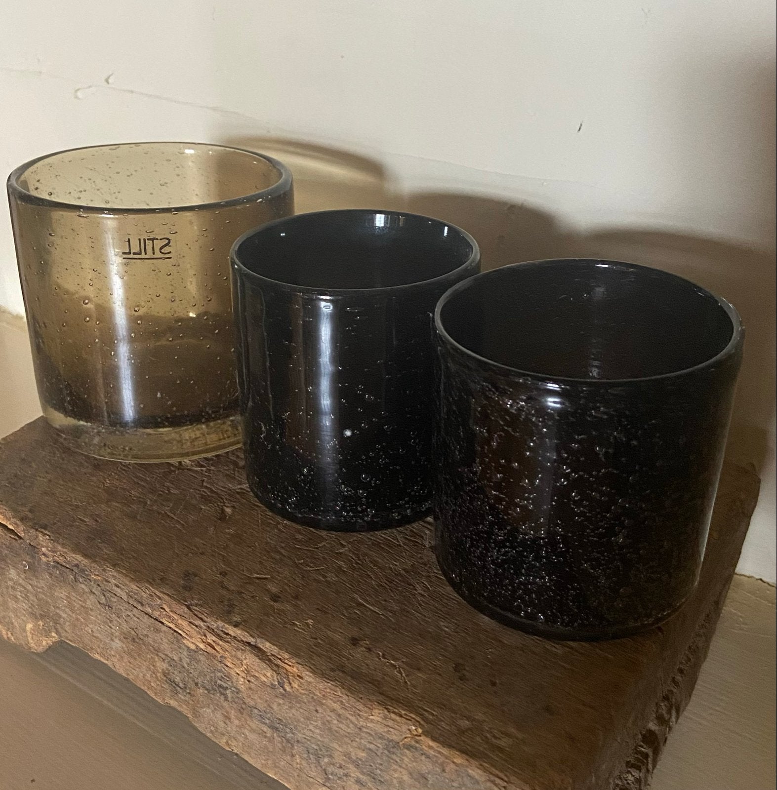 Set van 3 glazen vazen/windlichten, Ophalen, Gebruikt, Bruin, Met patroon/structuur