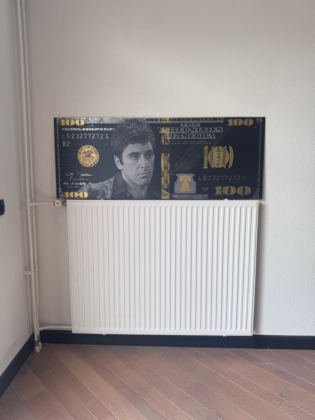 Schilderij dollar biljet met Tony Montana (Scarface) 140x50c, Ophalen, Overige stijlen, Doek, Portret of Personen