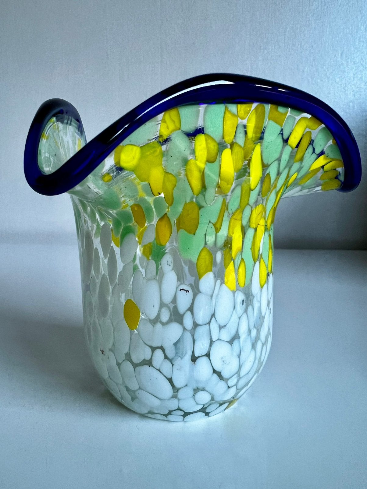 Vintage Murano Italy Confetti Vaas Felgeel Blauw Wave 70’s, Ophalen of Verzenden