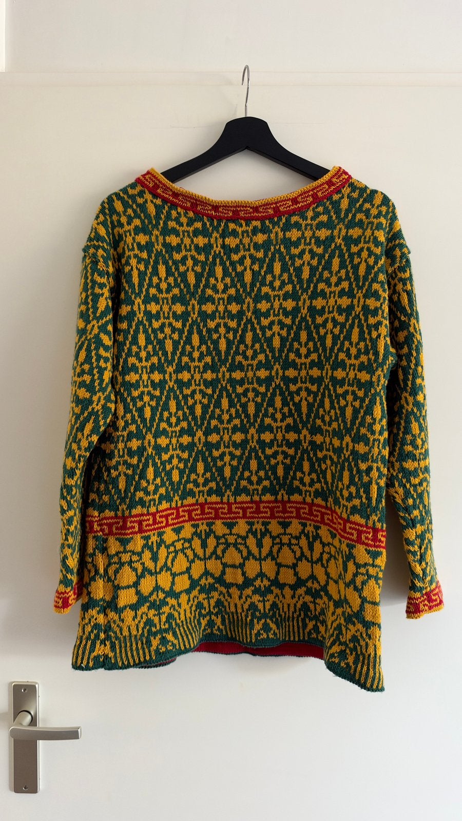 Vintage Handgebreide Oversized TruiGroen/Geel/Rood Geometric, Verzenden, Zo goed als nieuw, Groen