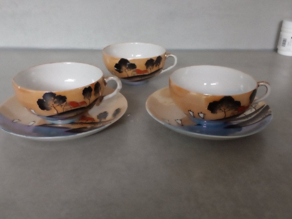 Japans eierschaal porseleinen theeset - 3 kopjes+4 schotels, Antiek en Kunst, Ophalen of Verzenden