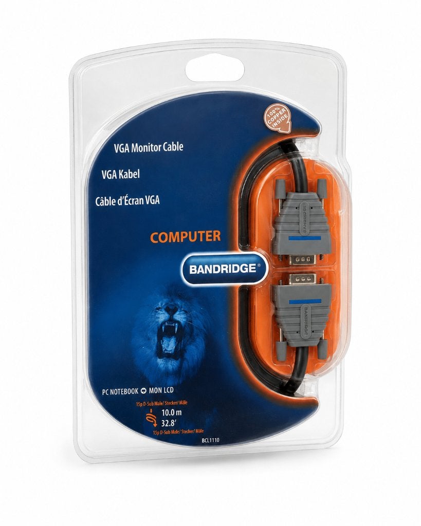 Bandridge BCL1110 VGA Kabel 10M – 15-Pin D-Sub Male-Male, 10 meter of meer, ., Nieuw, Ophalen of Verzenden