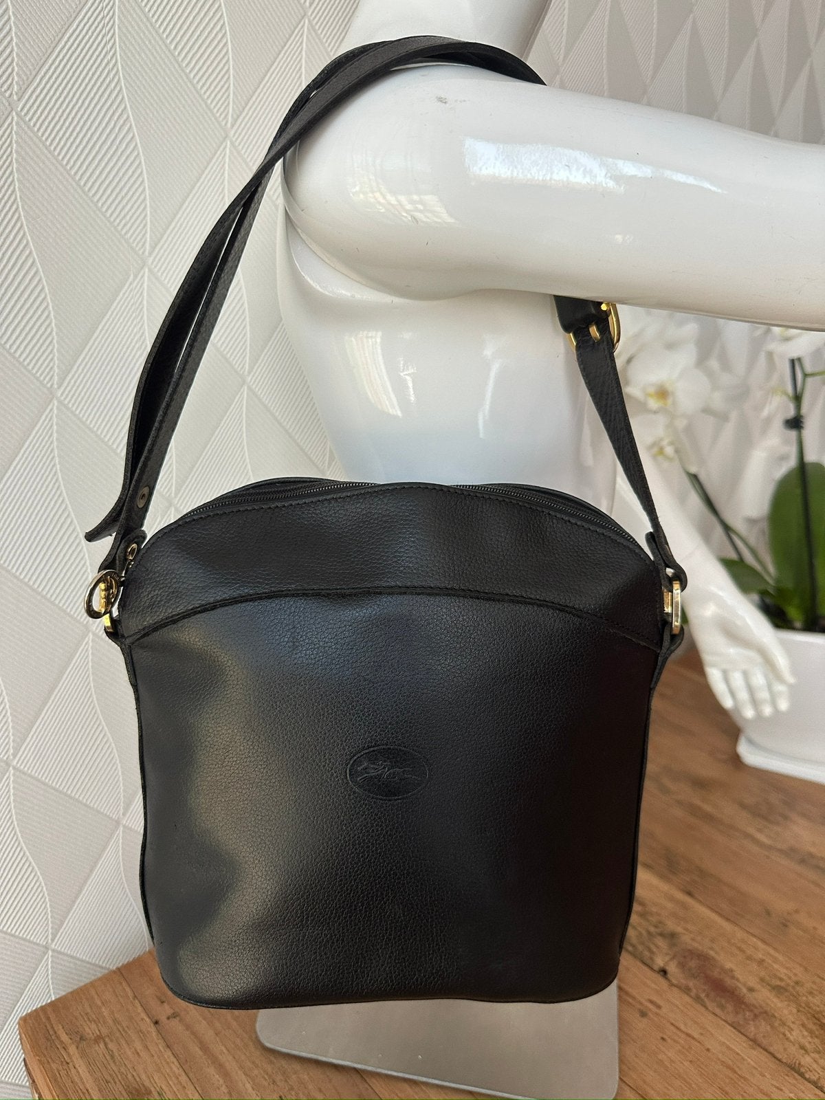 Longchamp tas, echt leer, Made in France, Sieraden, Tassen en Uiterlijk, Tassen | Schoudertassen, Overige merken, Gebruikt, Zwart
