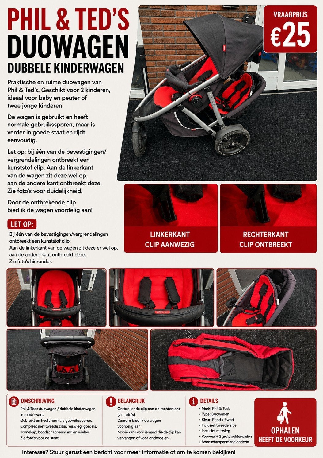 Phil & Teds duowagen / dubbele kinderwagen + reiswieg, Ophalen, Gebruikt, Zonnekap