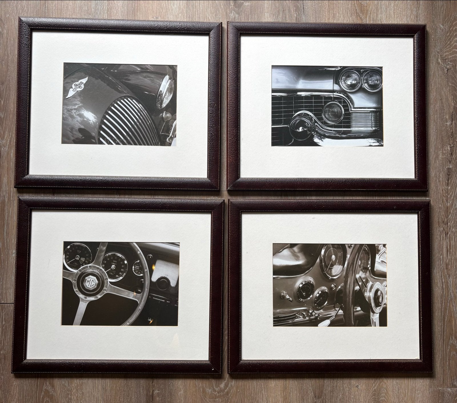 Set van 4 ingelijste zwart-wit foto's van klassieke auto's, Ophalen, Foto, Fotografie, Achter glas