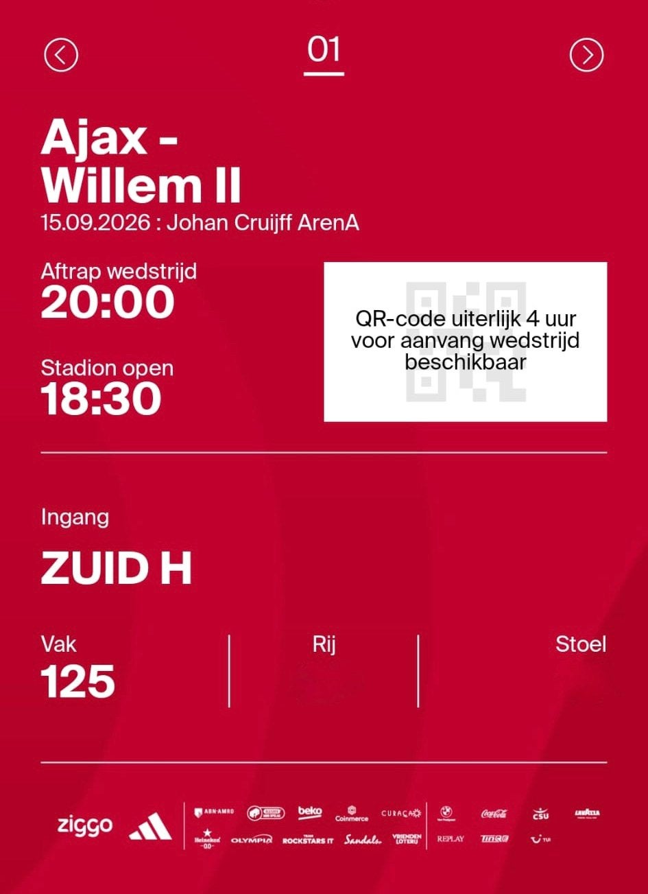 1 Ticket Ajax - Willem 2 (F-Side), Eén persoon, September