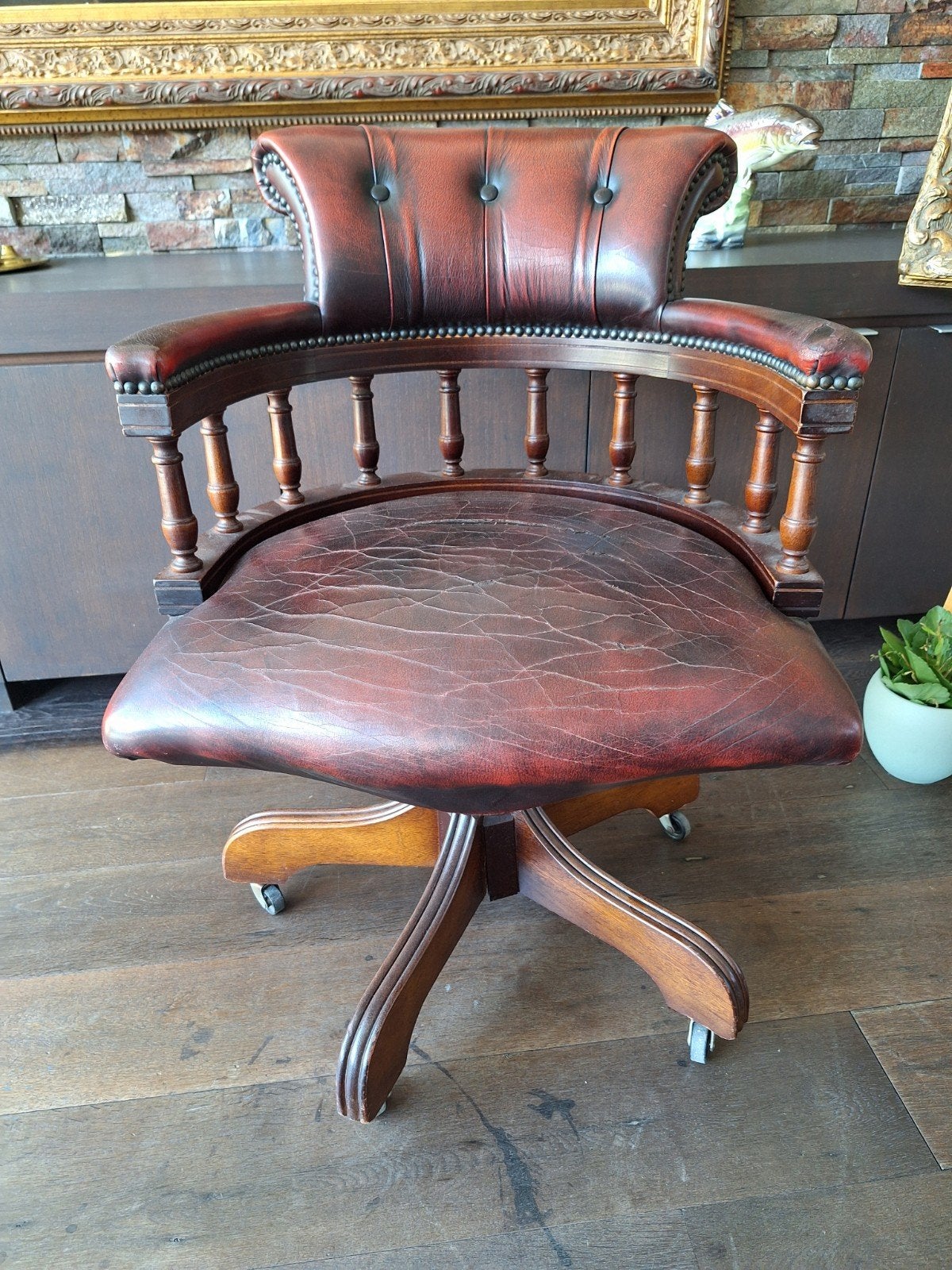 Antieke Bureaustoel - Chesterfield Stijl Leer & Hout, Ophalen
