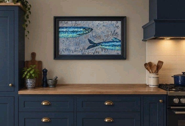 Origineel Schilderij 50x60 Vissen met Zwarte Lijst - Blauw, Antiek en Kunst, Ophalen, Ingelijst, Dieren