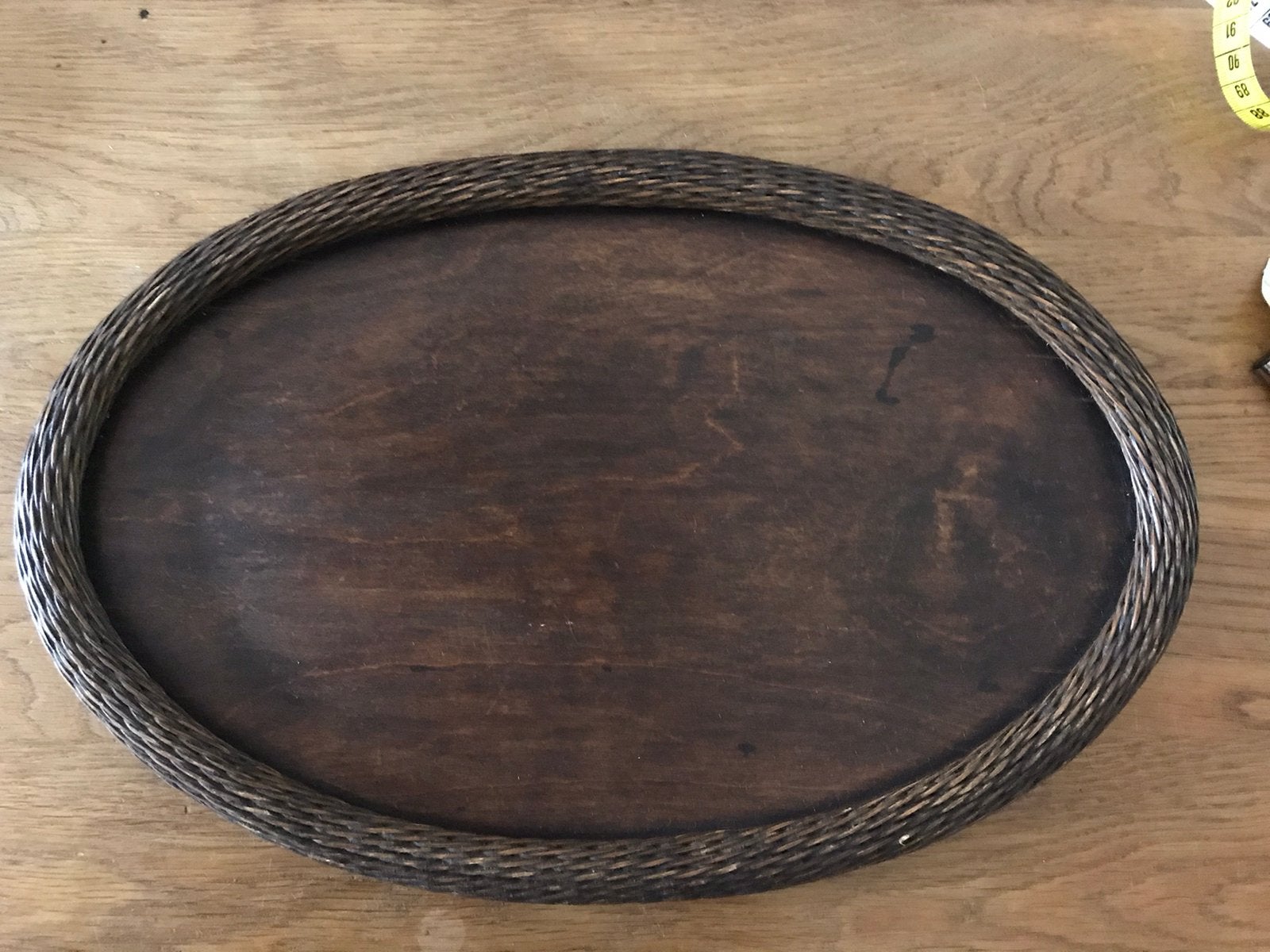 Vintage dienblad ovaal met gevlochten rotan rand , brocante, Ophalen of Verzenden