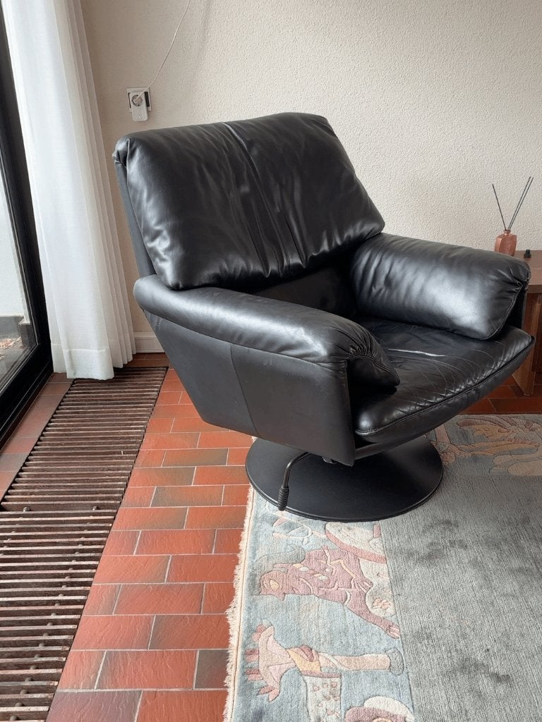 Vintage Leolux leren draaifauteuil – zwart – Dutch design, Huis en Inrichting, Fauteuils, Ophalen, Gebruikt, 50 tot 75 cm, Leer