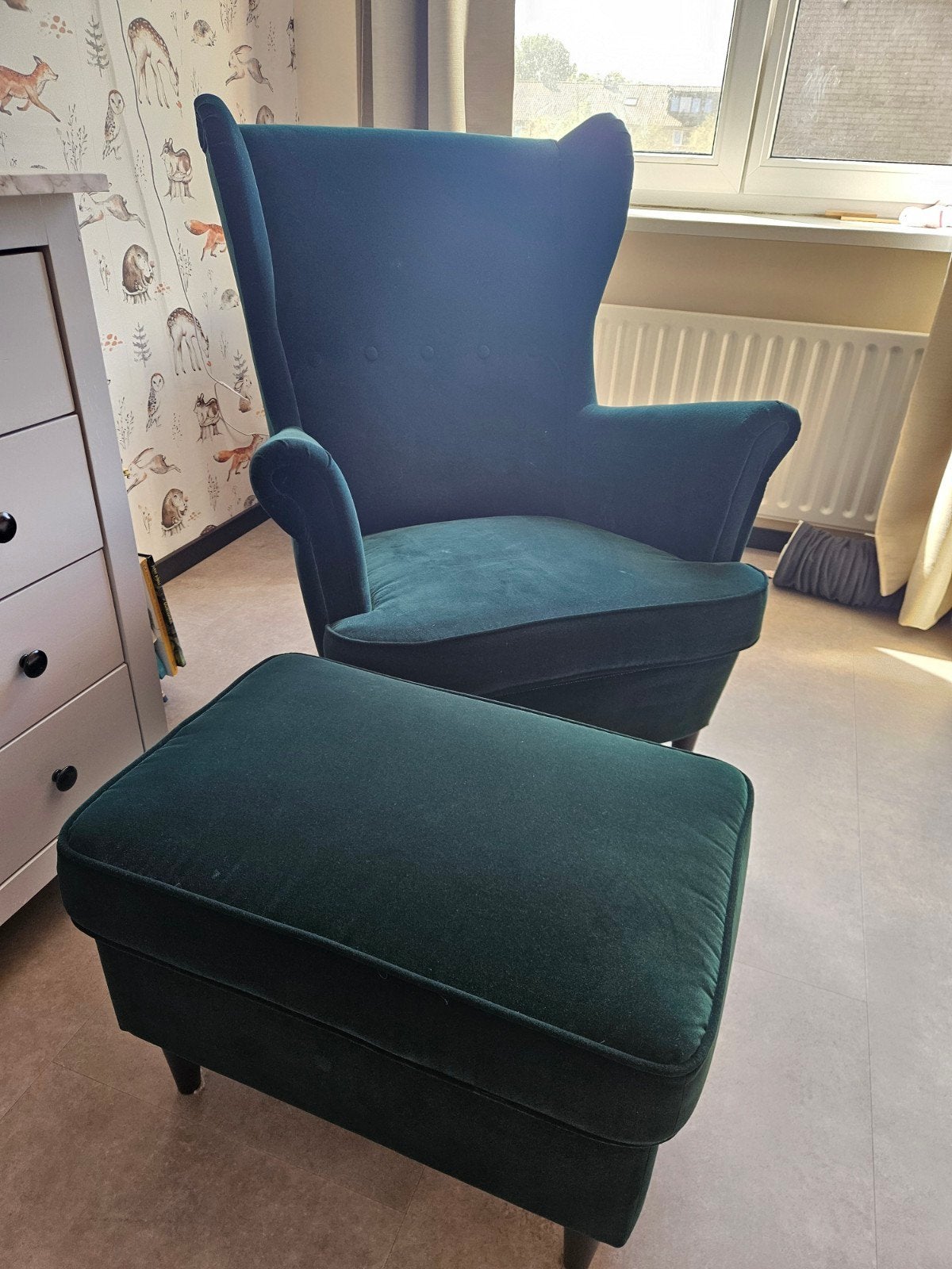 Ikea Strandmon fauteuil met voetenbank, Huis en Inrichting, Fauteuils, Ophalen, Gebruikt, 75 tot 100 cm, Stof