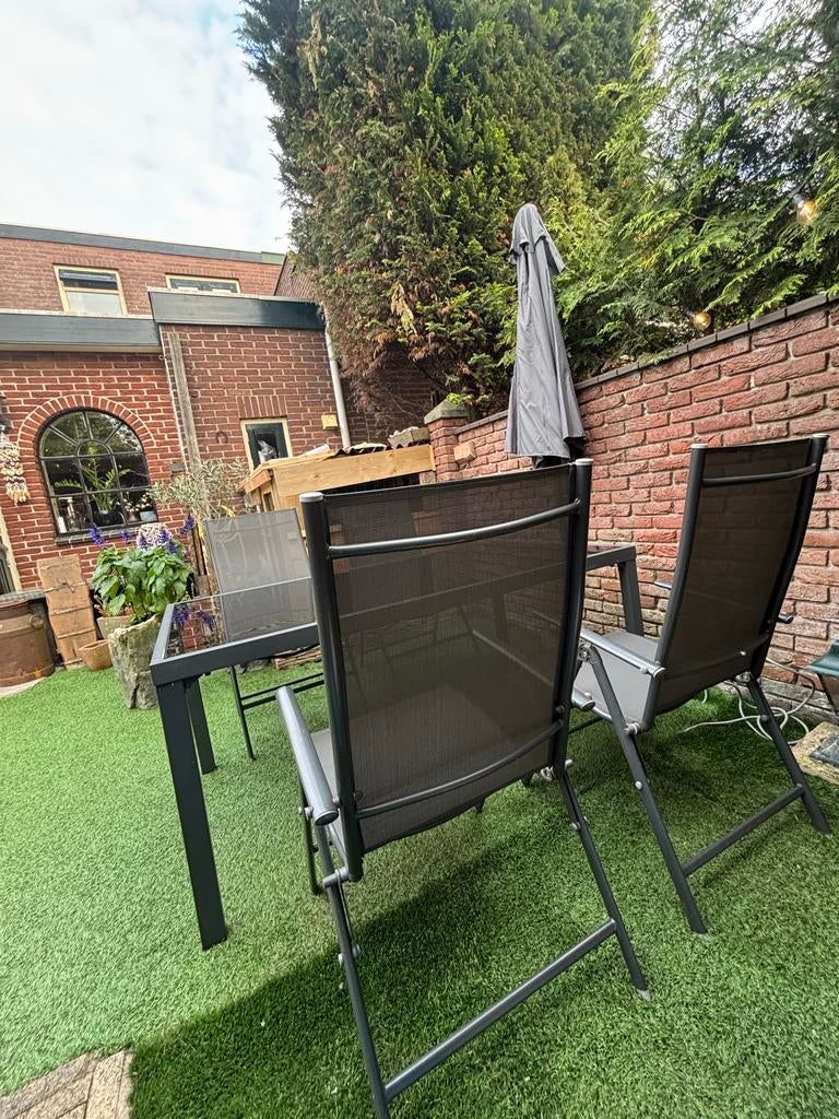Tafel met 4 stoelen, Tuin en Terras, Tuinstoelen, Ophalen, Gebruikt, Aluminium