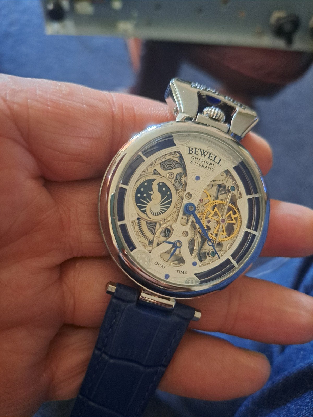 Zwitsers Automatisch dualtime Skelet Horloge met Moonfase 28, Overige merken, Leer, Staal, Polshorloge
