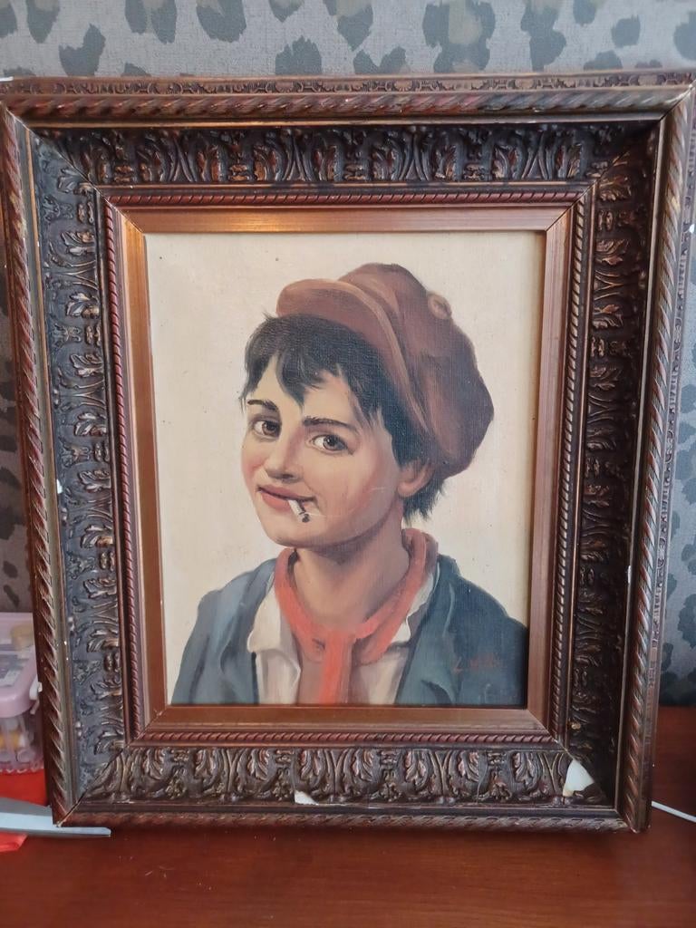 Antiek Schilderij van "De jongen met de sigaret", Antiek en Kunst, Ophalen of Verzenden