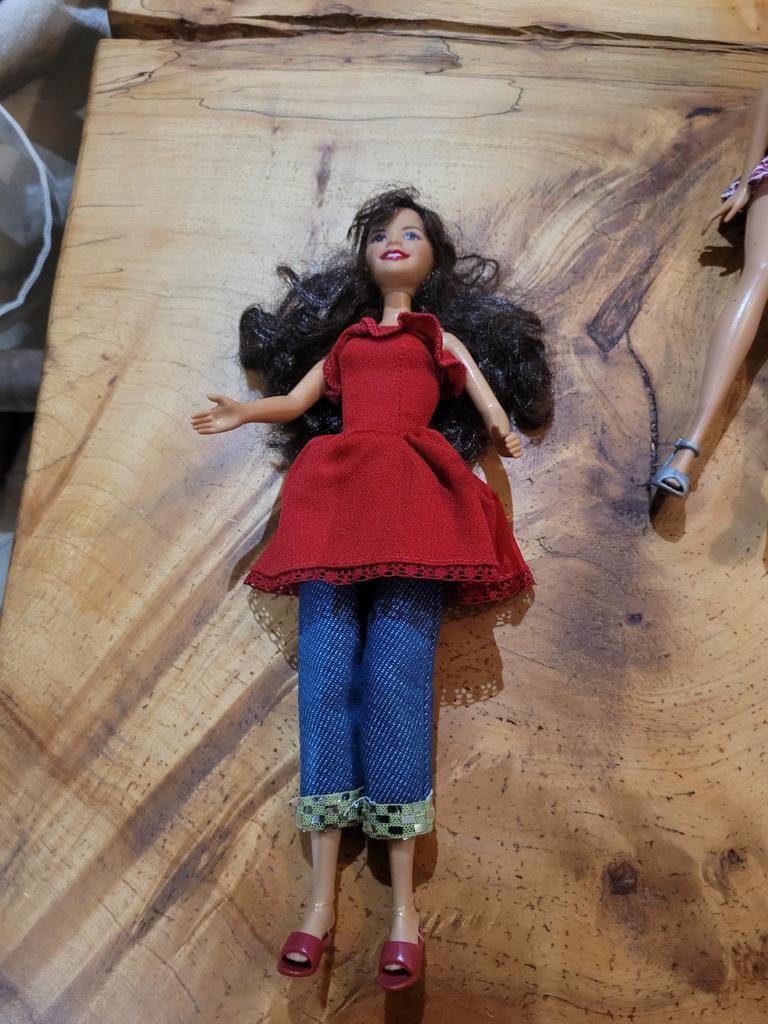 Barbie pop met rode jurk en spijkerbroek, Ophalen of Verzenden