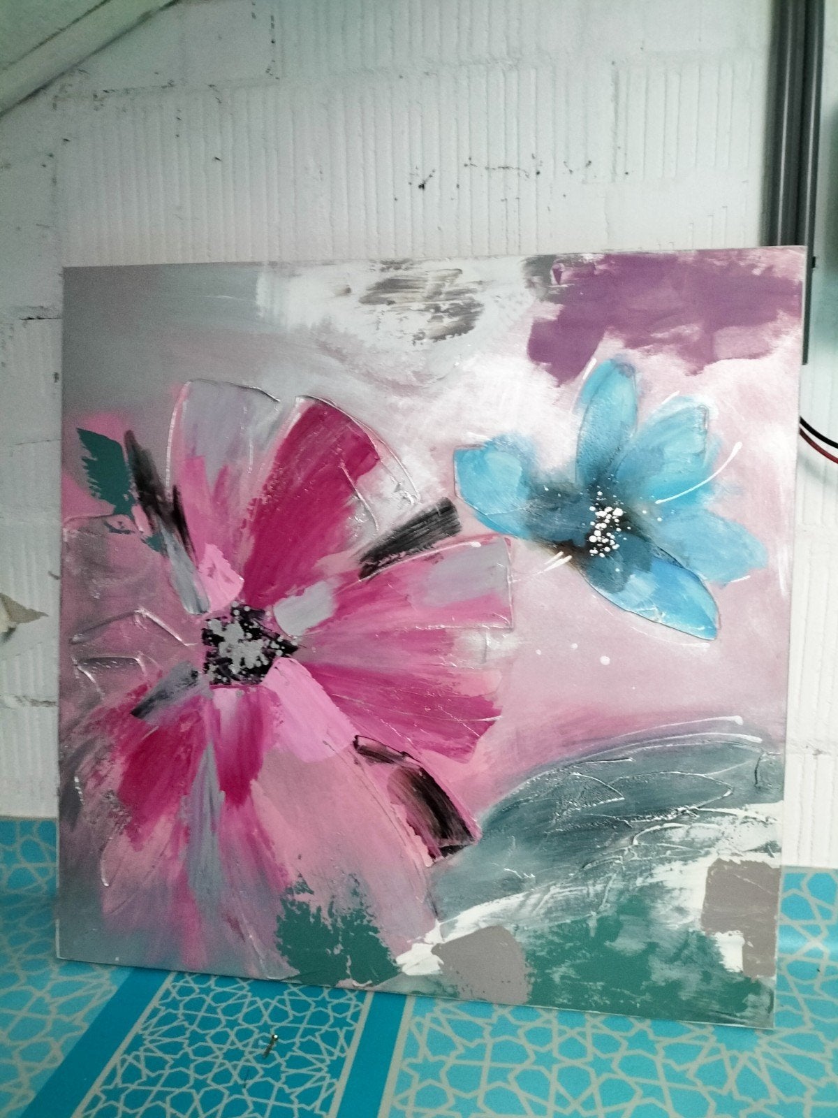 Abstract Bloemen Schilderij - Roze en Blauw, Ophalen of Verzenden