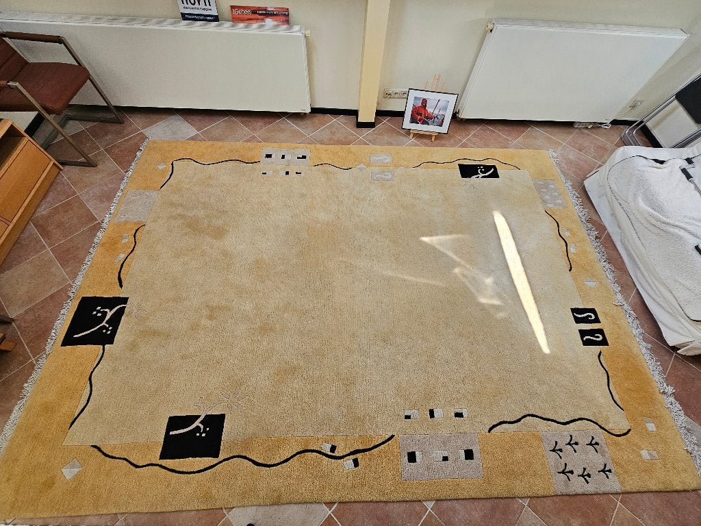 wollen handgeknoopt Nepal tapijt, Modern design, Gebruikt, Beige, 200 cm of meer