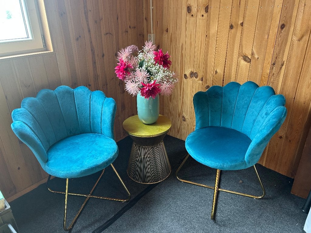 Set fauteuils met bijzettafel & vaas met nepbloemen, Ophalen, Gebruikt, Twee, Blauw
