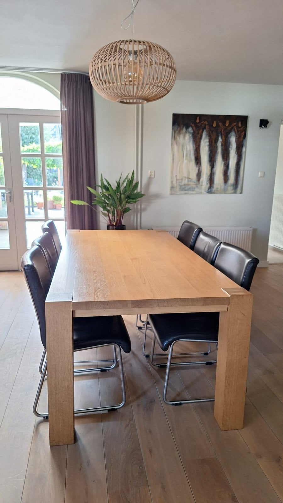 Blank eiken eettafel, leren stoelen en salontafel te koop, Huis en Inrichting, Tafels | Eettafels, Ophalen, Rechthoekig, 200 cm of meer
