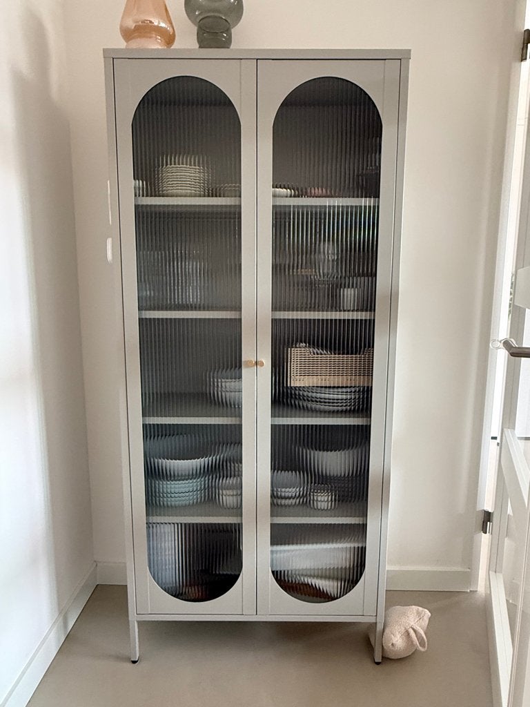 Vitrinekast / servieskast beige 180x80, Ophalen, Met deur(en), Scandinavisch, 50 tot 100 cm