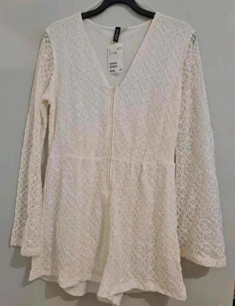 Nieuw witte kanten playsuit met lange mouwen maat M van H&M, Kleding | Dames, Jumpsuits, Maat 38/40 (M), H&M, Wit, Nieuw