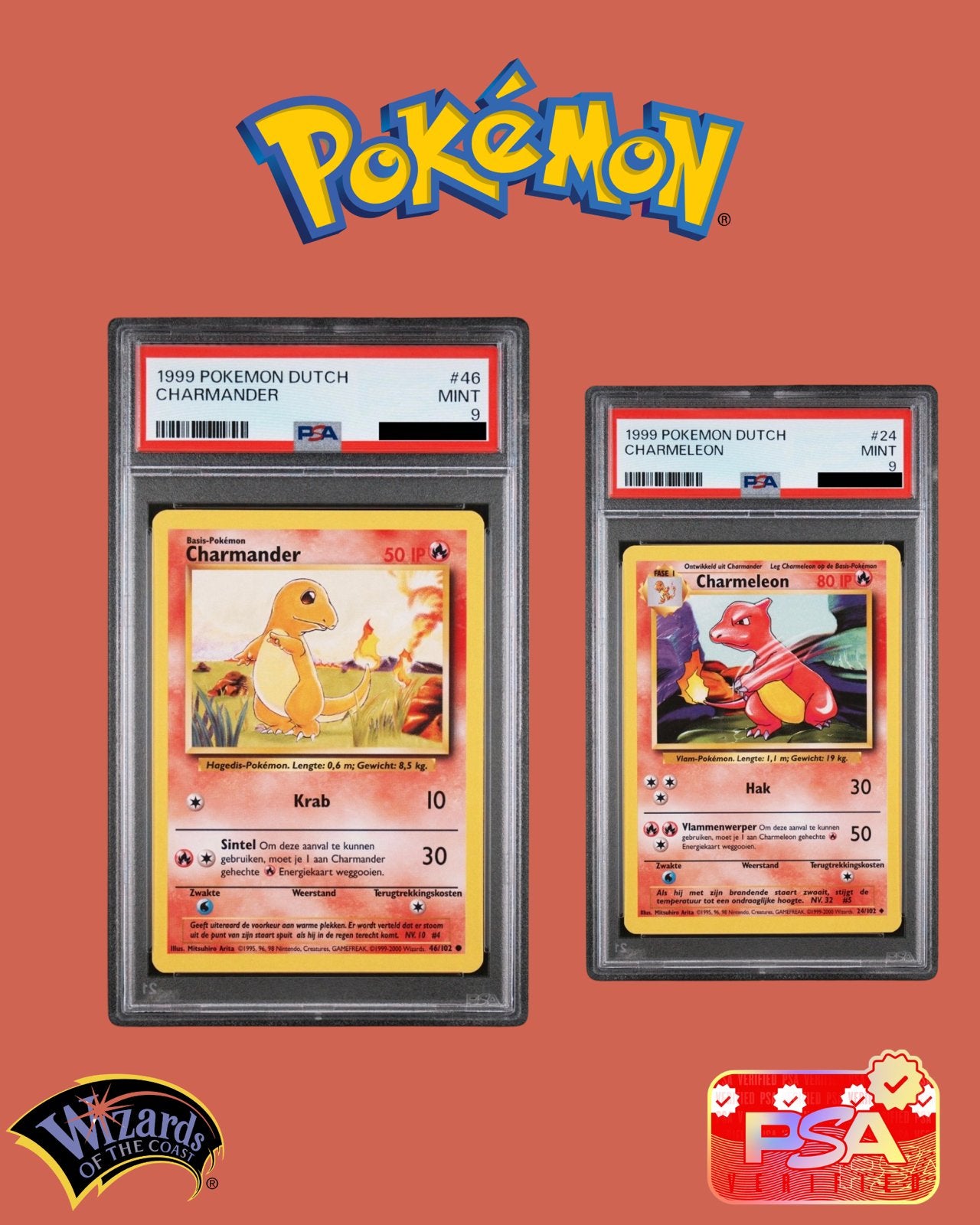 Een sterk duo | Pokémon 1999 Charmander & Charmeleon PSA 9, Ophalen of Verzenden, Nieuw, Meerdere kaarten, Foil