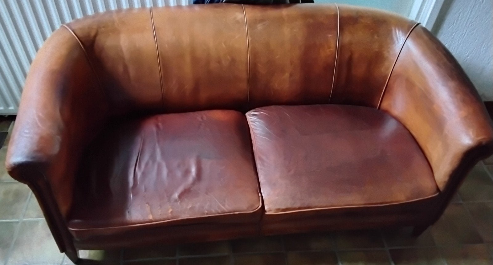 Vintage clubbank van schapenleer, Ophalen, Gebruikt, 150 tot 200 cm, Tweepersoons
