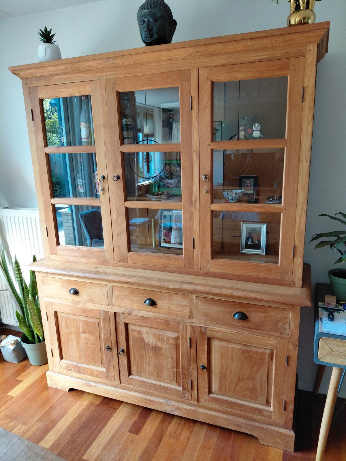 Massief Teakhouten Buffetkast met Vitrine en Opbergruimte, Ophalen, 200 cm of meer, 150 tot 200 cm, Teakhout