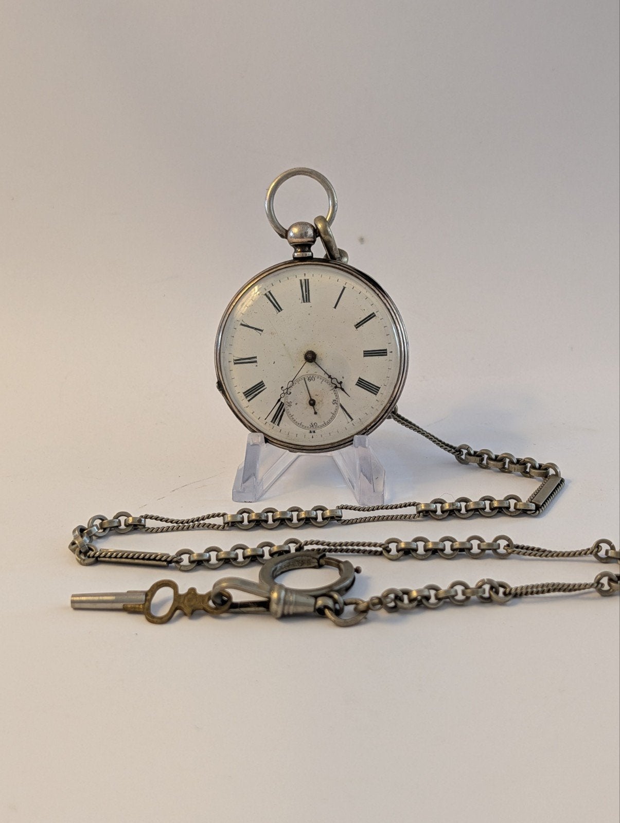 Zilveren Opwind Zakhorloge met Sleutel en Ketting, Sieraden, Tassen en Uiterlijk, Horloges | Antiek, Overige merken, Zakhorloge