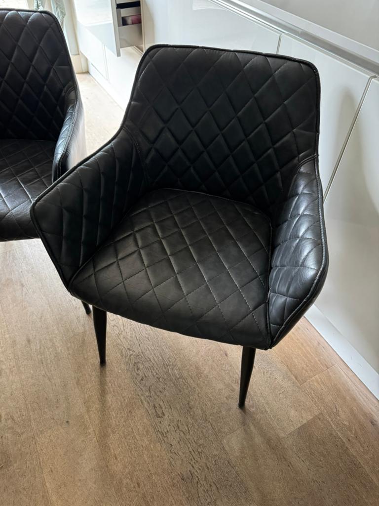 Eetkamerstoelen donkergrijs leer 6 stuks, Huis en Inrichting, Stoelen, Ophalen, Gebruikt, Leer, Grijs