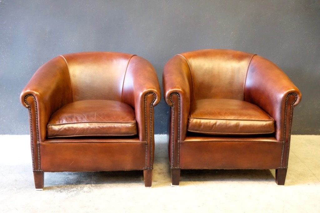 origineel Engelse leren Clubfauteuil, Ophalen, Minder dan 75 cm, Leer, Zo goed als nieuw