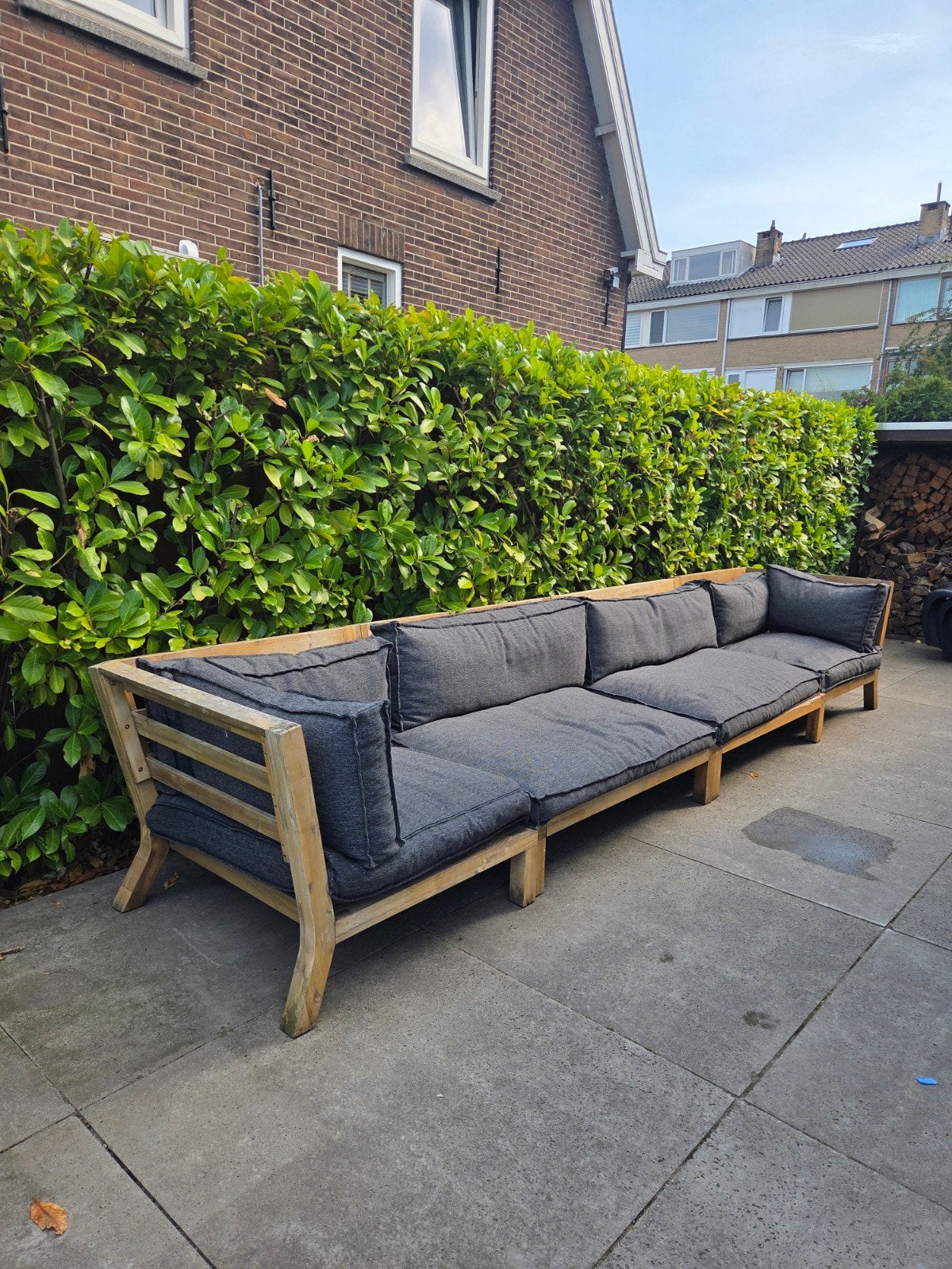 Loungeset Karwei - Palletonderstel en kussens, Gebruikt, Meer dan 8 zitplaatsen, Ophalen of Verzenden, Loungeset