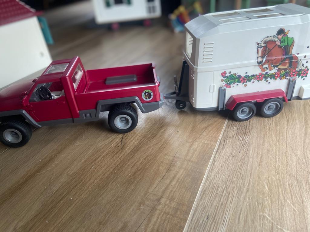 Schleich paard met trailer en auto., Ophalen, Gebruikt, Paard, Beeldje of Figuurtje