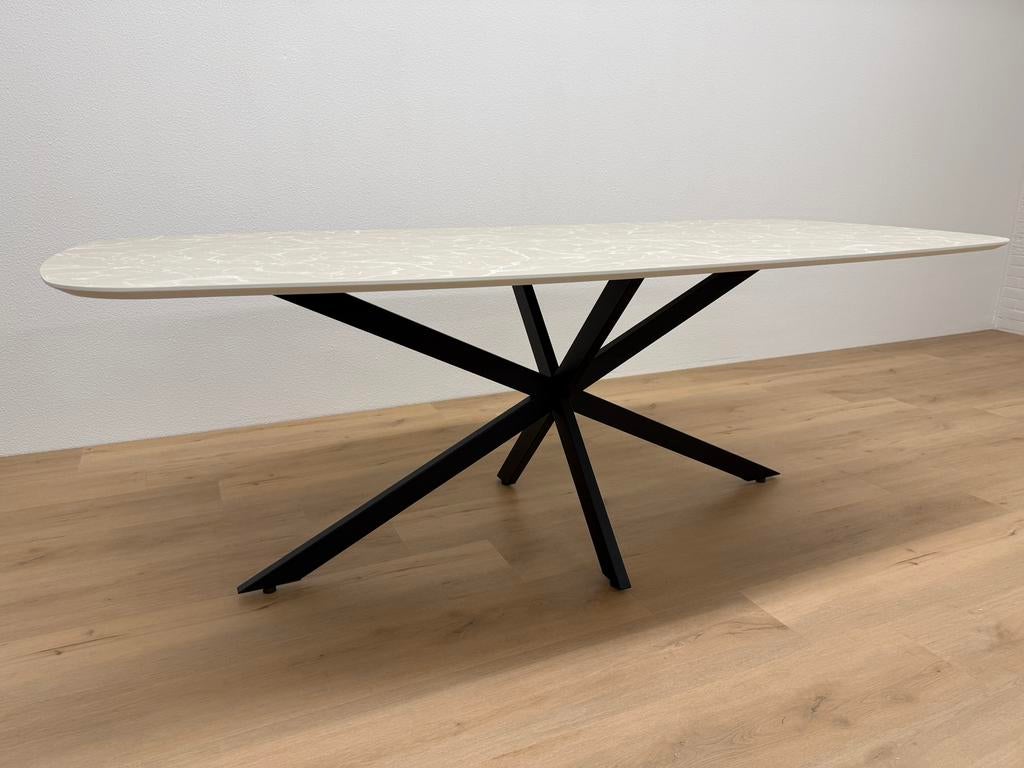 Deens ovale eettafel HPL 210x100 Marmer - Direct Leverbaar, 100 tot 150 cm, 200 cm of meer, Ophalen of Verzenden, Zo goed als nieuw
