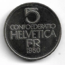 Zwitserland 5 Francs 1980, Ophalen of Verzenden, Overige landen