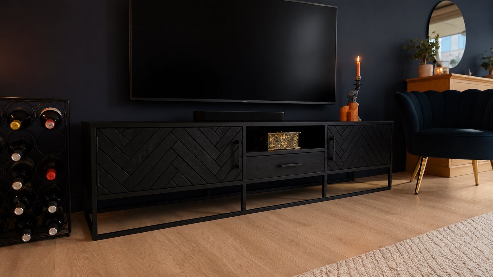 Zwart tv-meubel – 220 cm breed, Ophalen, Zo goed als nieuw, 200 cm of meer, Minder dan 100 cm