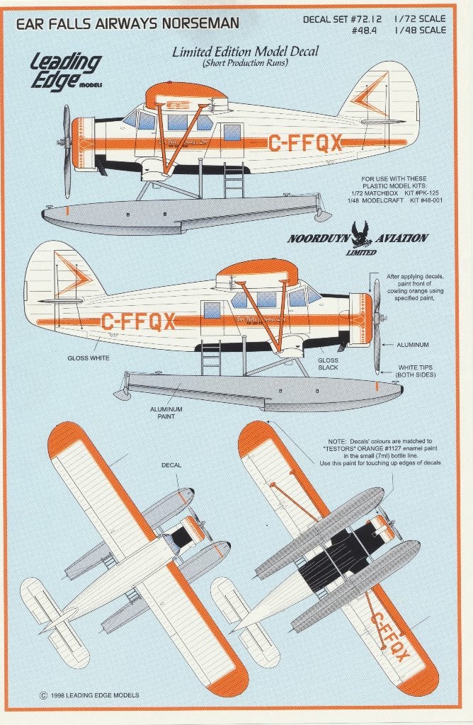 Leading Edge: Ear Falls Airways Noorduyn Norseman Decal 1/72, Overige merken, 1:72 tot 1:144, Nieuw, Ophalen of Verzenden