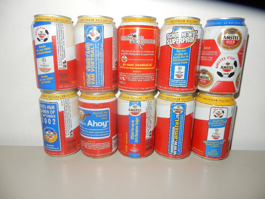 10 Amstel Bier Voetbal en Muziek promotie blikjes, Ophalen of Verzenden, Zo goed als nieuw, Overige typen, Amstel