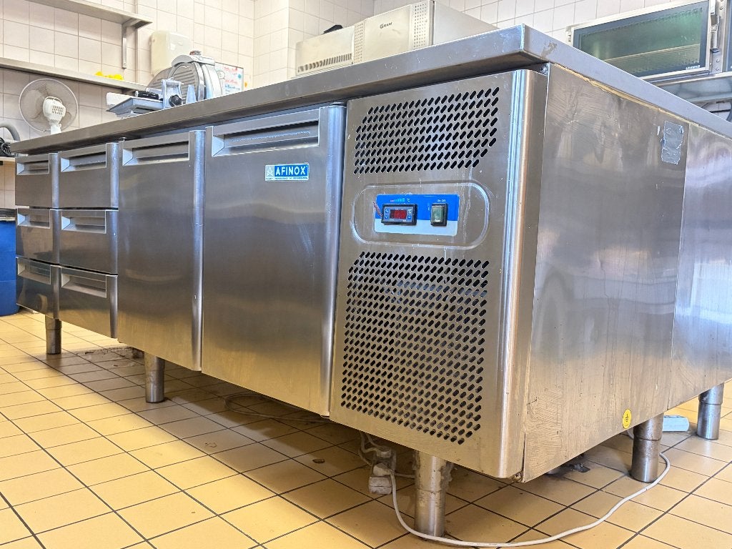 Twee Afinox koelwerkbanken met RVS werkblad, Witgoed en Apparatuur, Koelkasten en IJskasten, 60 cm of meer, Met vriesvak, Ophalen