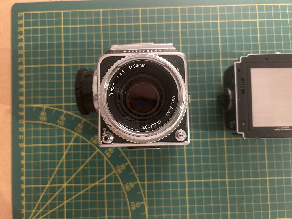 Hasselblad 500 C/M + A12 magazijn + Planar 80mm, Ophalen, Gebruikt, Compact, Overige Merken