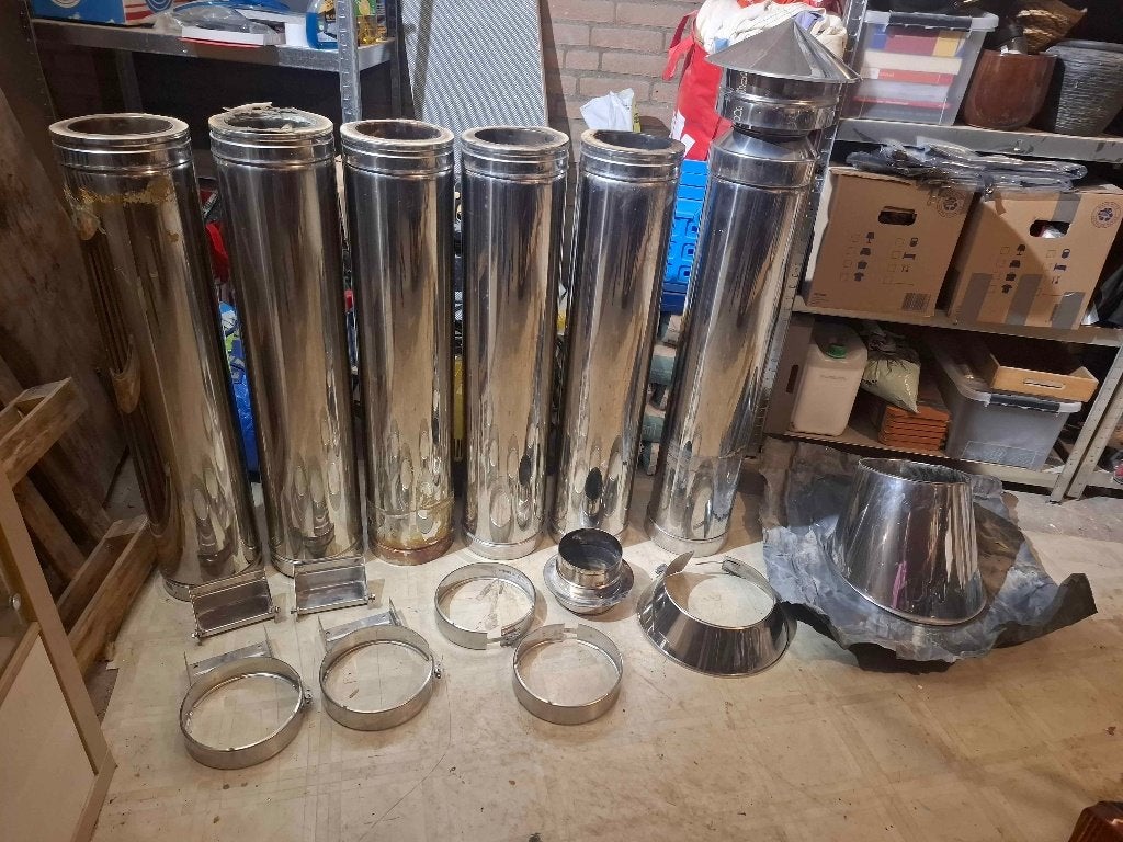 Complete DINAK RVS dubbelwandige kachelpijp Ø150/210, Gebruikt, Houtkachel, Ophalen of Verzenden, Inbouw