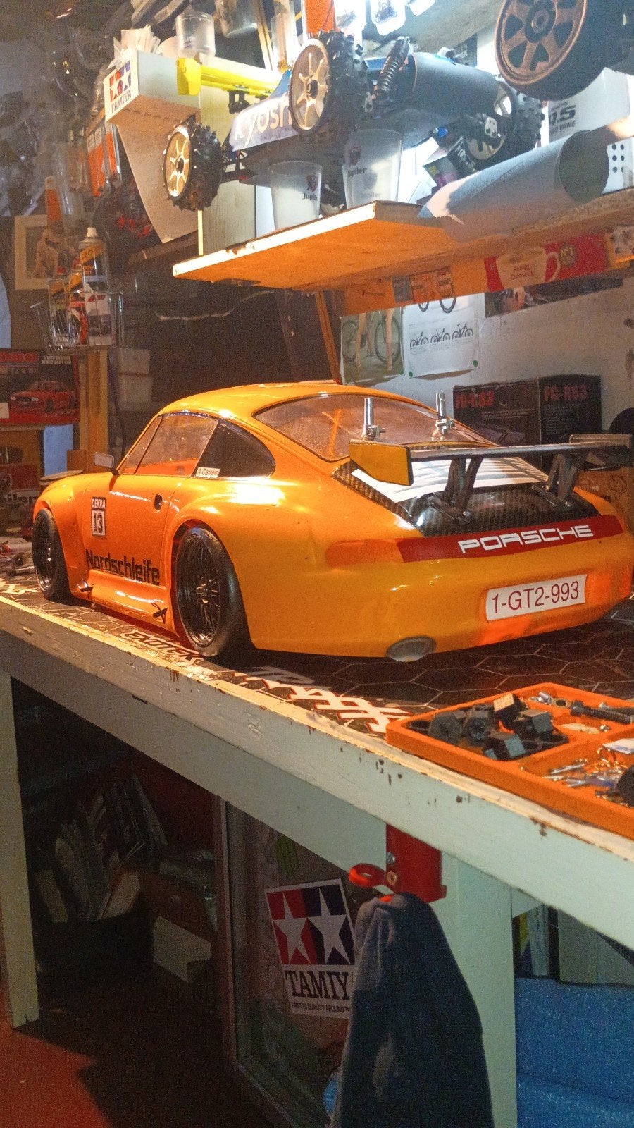 fg  porsche gt2 993  op e marder basis+ discs+nwe body>330€, Ophalen of Verzenden, Zo goed als nieuw, Auto onroad, RTR (Ready to Run)
