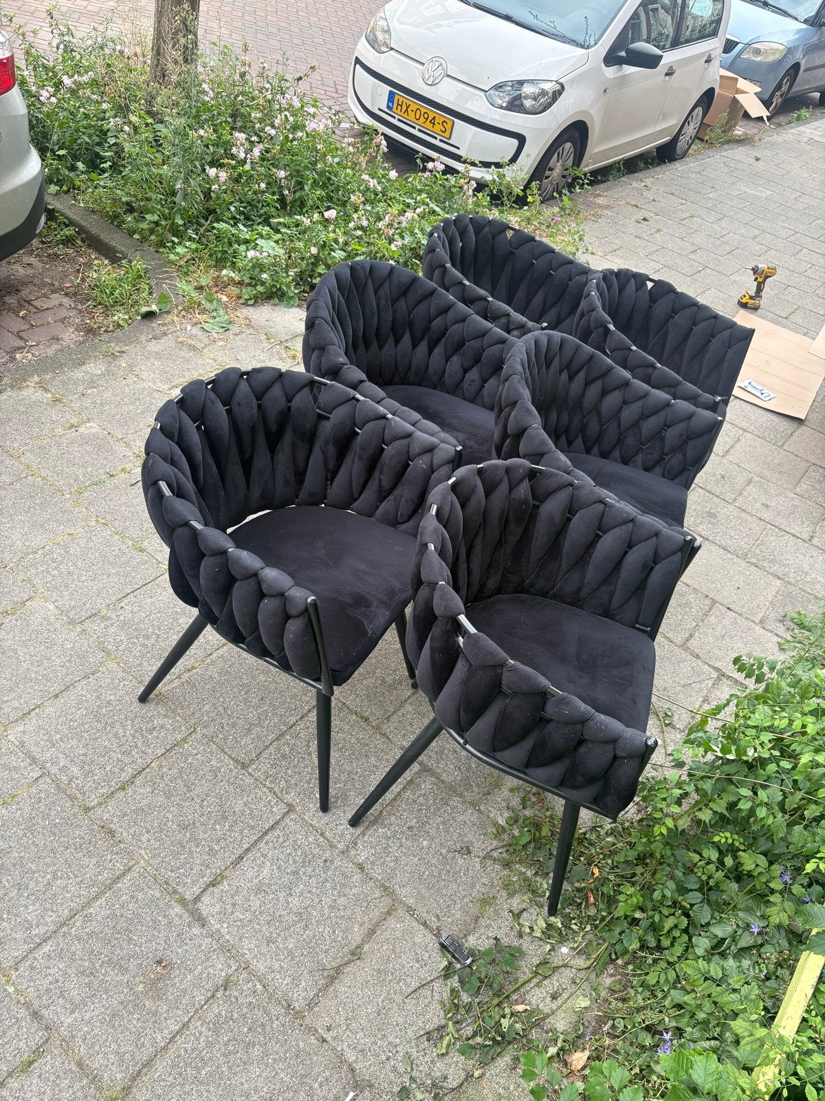6x Zwarte Velvet Wave Chair Eetkamerstoelen, Ophalen, Gebruikt, Zwart, Stof
