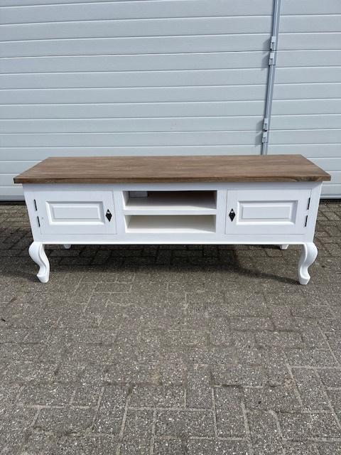 Nieuwe Queen Ann Tv-meubel 160cm Massief Teak bladwhite-wash, 1 of 2 laden, Landelijke Nieuwe Queen Ann Tv-meubel 160cm Massief Teak actie