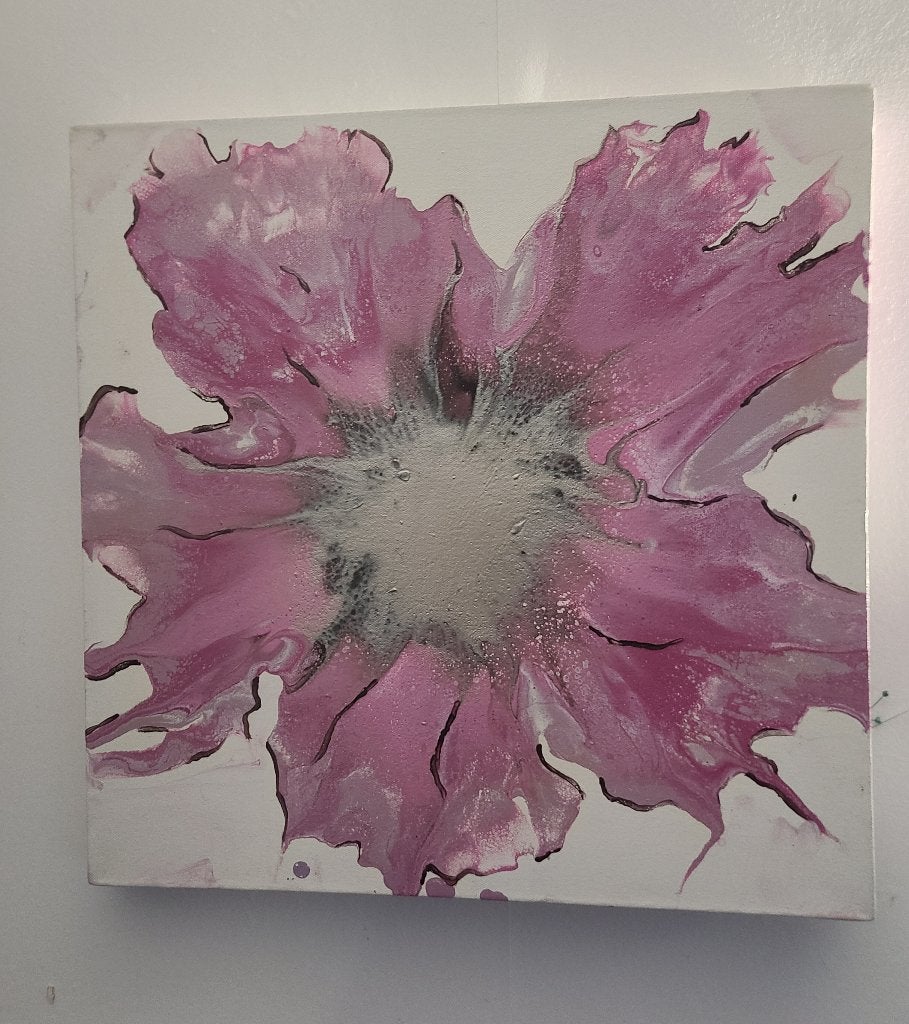 Handgemaakt Acryl Schilderij - Roze Bloem met Zilver, Ophalen of Verzenden