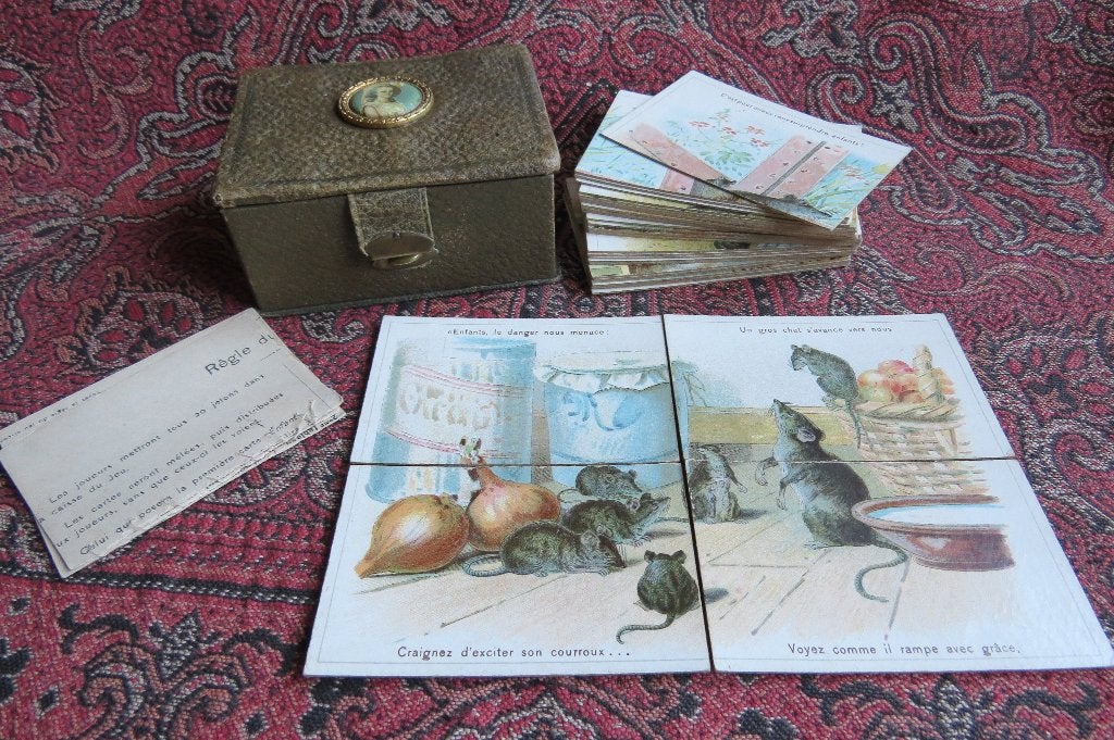 Antiek Frans puzzel kaartspel "kat en muis" 1880 compleet, Antiek en Kunst, Antiek | Speelgoed, Ophalen of Verzenden