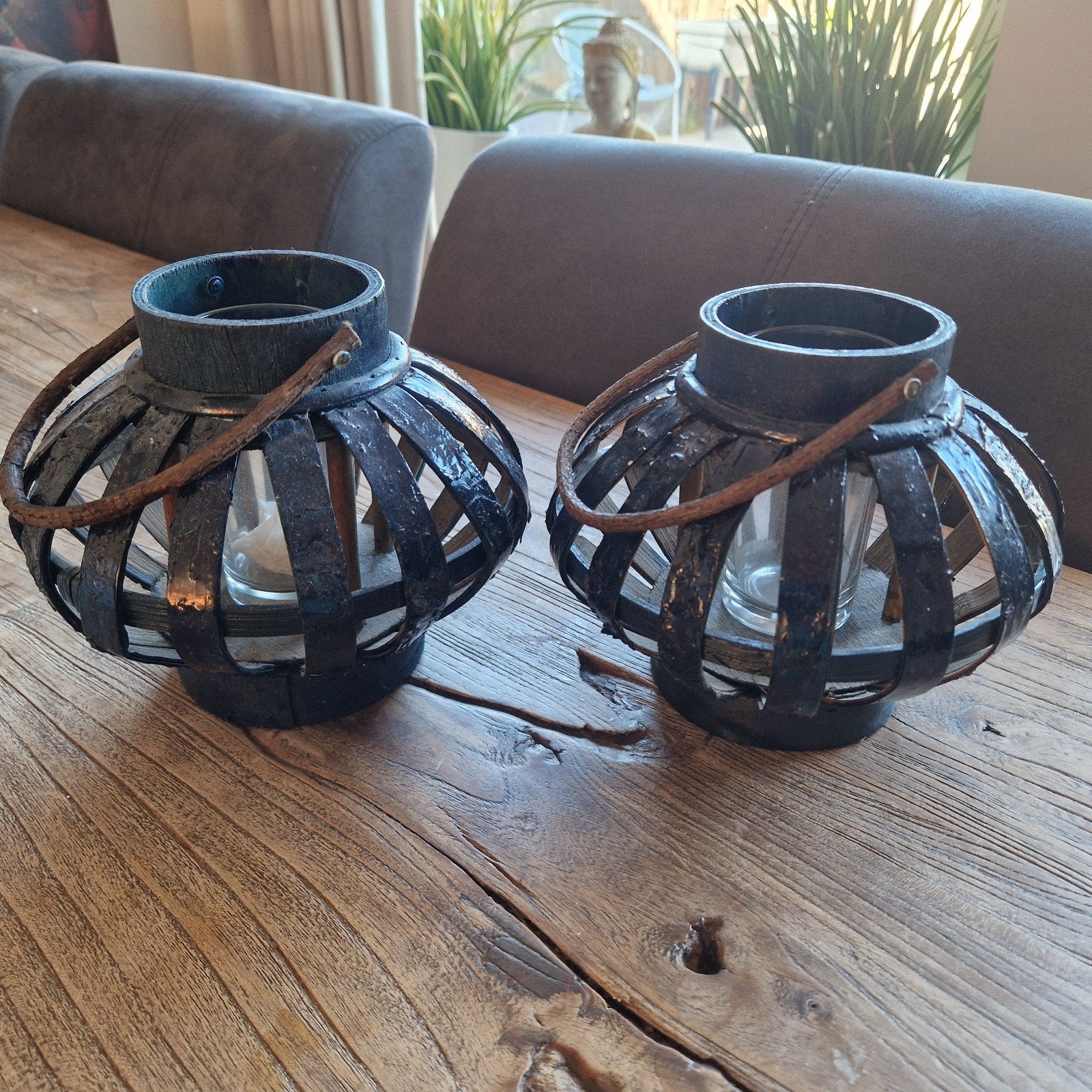 Set van 2 windlichten - Landelijke stijl H:14cm, Hout, Gebruikt, Blauw, Ophalen of Verzenden